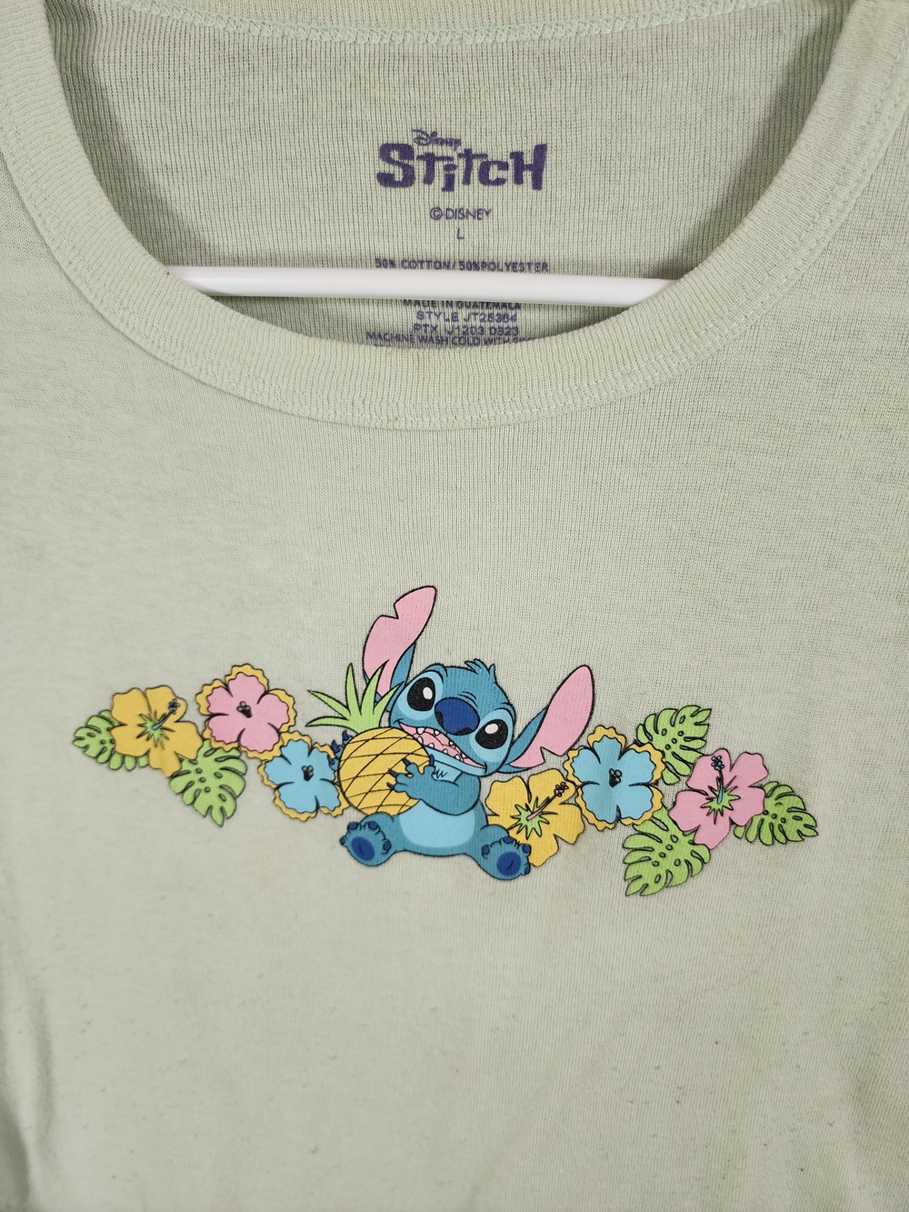 Disney Light Green Tee with Blue Stitch & Pastel Floral Graphic